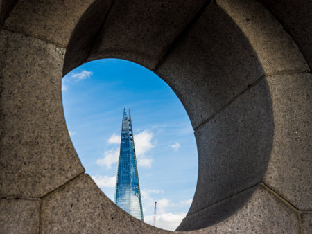 London October 2018. A view of the Shard through a port hole in London.のeditorial素材