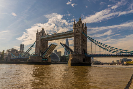 London October 2018. A view of a raised Tower bridge in London