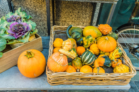 London. november 2018. A view of pumpkins and autumn fruit in a basket in Londonのeditorial素材