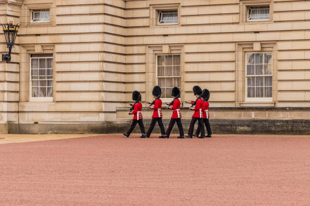 London. November 2018. A view of guards marching on the grounds of Buckingham palce in London