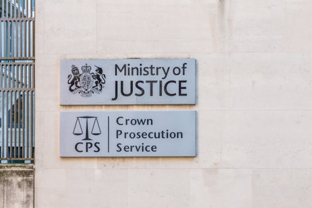 London. November 2018. A view of a sign for the Ministry of Justice and Crown Prosecution Service in...