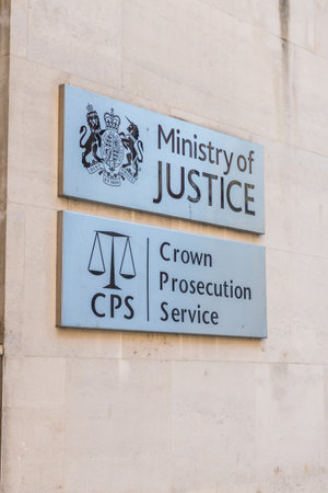 London. November 2018. A view of a sign for the Ministry of Justice and Crown Prosecution Service in...