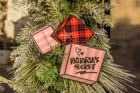 London. November 2018. A view of christmas decorations at the Victoria Secret store in mayfair in Londonのeditorial素材