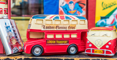 London. November 2018. A view of souvenirs for sale at Portobello Road Market in Londonのeditorial素材
