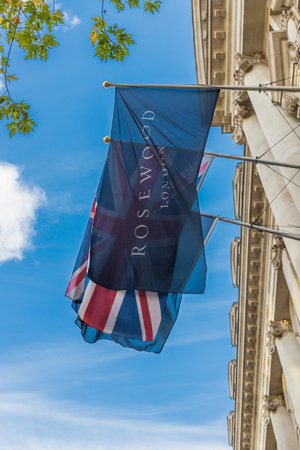 London November 2018. A view of flags outside The Rosewood Hotel in Londonのeditorial素材