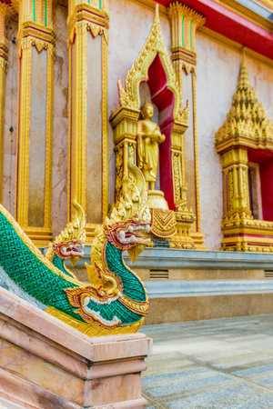 Serpentine dragons heads at Chalong Temple Thailandの写真素材