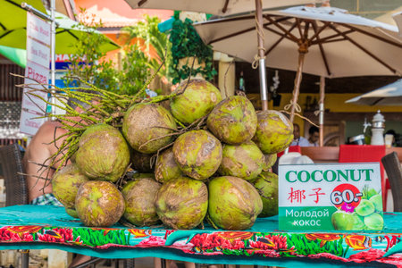 January 2019. Kamala Phuket Thailand. A view of a coconut stall in kamala Phuket Thailandのeditorial素材