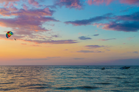 February 2019. Patong Thailand. Parasailing at Patong beach in Patong Thailandのeditorial素材
