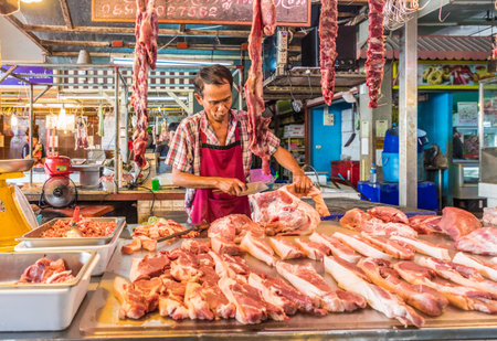 February 2019. Patong Thailand. Meat for sale at the The Banzaan food market in Patong Thailand