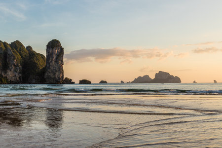 January 2019. Sunset on the beach in Ao Nang in Thailandの写真素材