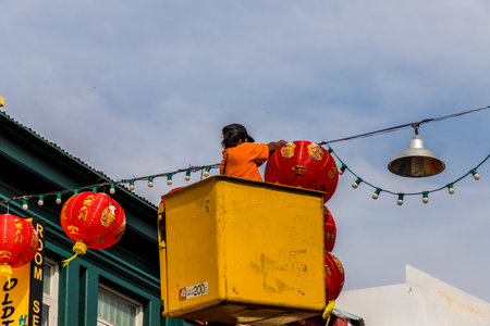 January 2019. Phuket Town Thailand. Chinese new year mansions being put up in Phuket Town in Thailandのeditorial素材