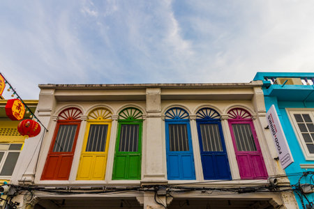 January 2019. Phuket Town Thailand. Colorful architecture in Phuket Town in Thailandのeditorial素材