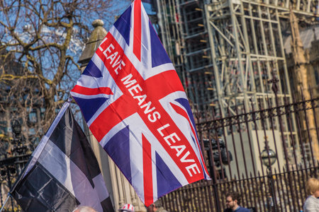 Friday March 29 2019. London. Uk. A scene at he march to leave the EU by Brexit supporters at parliament Square in Westminster.のeditorial素材