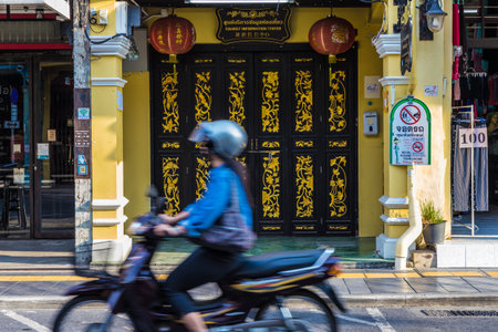 February 2019. Phuket Town Thailand. Traditional chinese shop houses in old Phuket Townのeditorial素材