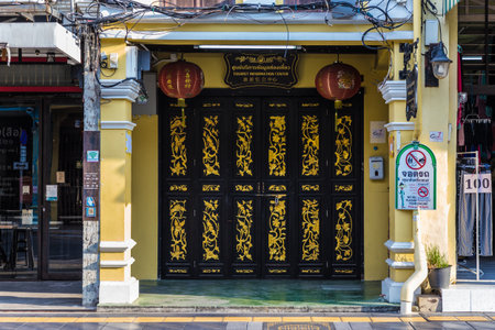 February 2019. Phuket Town Thailand. Traditional chinese shop houses in old Phuket Townのeditorial素材