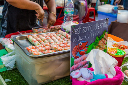 January 2019. Phuket Town Thailand. A View of a traditional local food stall at the Sunday walking...