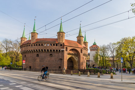 Krakow, Poland, Europe. April 2019 The Barbican defense walls in Krakow Polandのeditorial素材