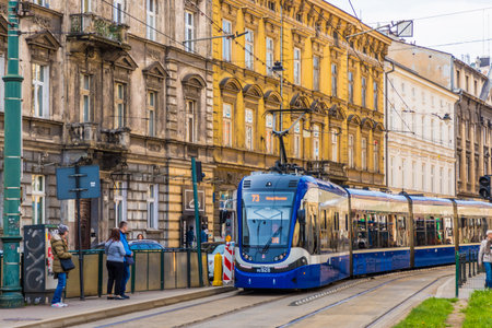 Krakow Poland. 17 April 2019. Local Trams in Krakow in Polandのeditorial素材
