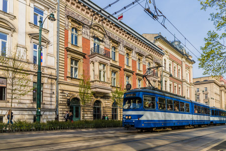 Krakow Poland. 17 April 2019. Local Trams in Krakow in Polandのeditorial素材