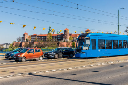 Krakow Poland. 17 April 2019. Local Trams in Krakow in Polandのeditorial素材