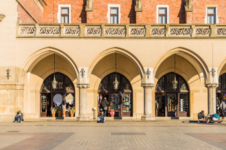 Krakow Poland. April 16 2019. Cloth Hall in Krakow medieval Old Town Main Squareのeditorial素材