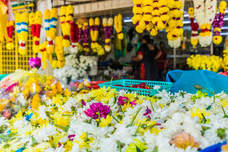 George Town Penang Malaysia. March 6 2019. A flower garland stallin Little India in George Town Malaysiaのeditorial素材