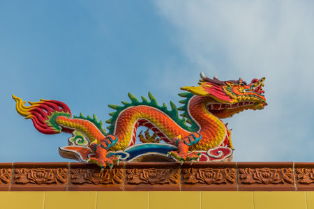 George Town Penang Malaysia. March 2019. An ornate dragon at The Hean boo Thean temple by the river in George Town Malaysiaのeditorial素材