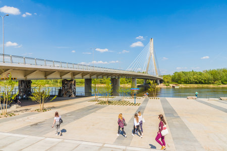 Warsaw Poland. April 2019. A view of the Swietokrzyski Bridge by the Vistula River in Warsaw in Polandのeditorial素材