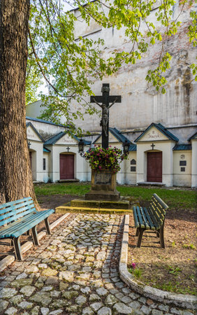 Krakow Poland. April 2019. A view of a crucifix in the medieval old Town in Krakowのeditorial素材