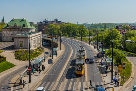 Warsaw Poland. April 2019. A view of local trams in Warsaw in Polandのeditorial素材