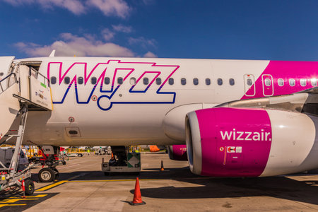 London Luton, England. April 2019. A view of a Wizz air plane at Luton Airport in the UKのeditorial素材