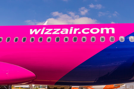 London Luton, England. April 2019. A view of a Wizz air plane at Luton Airport in the UKのeditorial素材