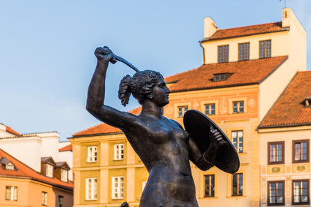 Warsaw Poland. April 2019. A view of the Syrenka mermaid of warsaw statue in the old town in Warsaw Polandのeditorial素材