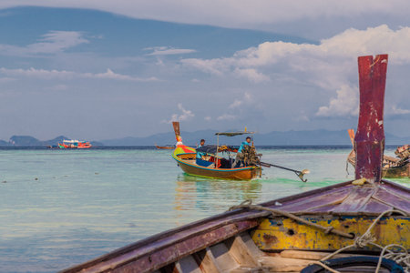 Ko Lipe Thailand. A view of long tail boats on Ko Lipe in Thailandのeditorial素材