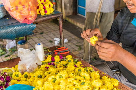 George Town penang Malaysia. March 6 2019. Flower garland makers in george Town Malaysia.