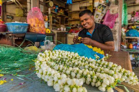 George Town penang Malaysia. March 6 2019. Flower garland makers in george Town Malaysia.