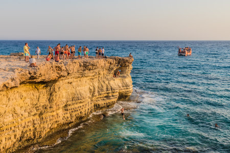 Cape Greco Cyprus. 13 August 2019. A view of the sea diving caves at Cape Greco in Cyprusのeditorial素材