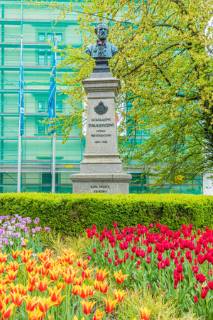 Krakow, Poland. 8 May 2019. Statue of mikolajowi zyblikiewiczowi, in Krakow old townのeditorial素材