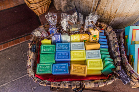 Nice France. June 12 2019. Colourful soap for sale at Cours Saleya market in Nice Franceのeditorial素材