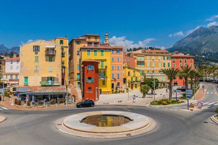 Menton France. 17 June 2019. A view of colourful buildings in Menton in Franceのeditorial素材