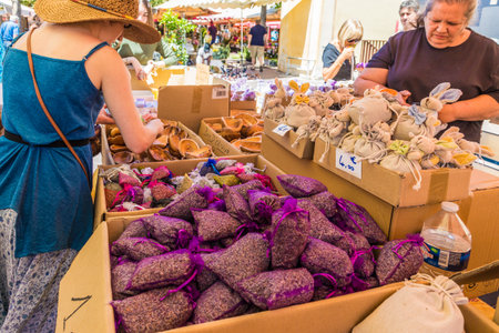 Nice France. June 12 2019. market stall selling lavender in Cours Saleya market in Nice Franceのeditorial素材