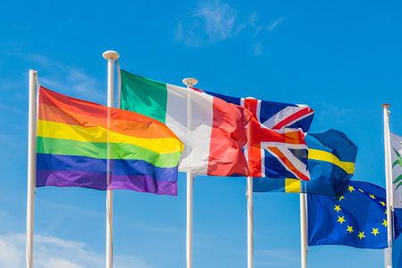 Nice cote d Azur. France. june 20 2019. A view of flags flying in Nice in Cote d Azur in France