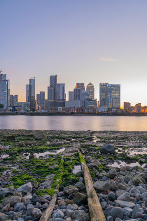 July 2020. London. View of Canary Wharf and the River Thames, London, Englandのeditorial素材