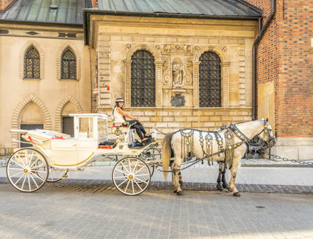Krakow Poland August 2020. Horse taxis outside St Marys Basilica, Krakow, old Town, Lesser poland, Polandのeditorial素材