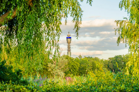 July 2020. London. The Post Office Tower from Regents park in London, England, UKのeditorial素材