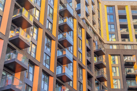 July 2020. London. Office windows and balcony architecture in London England
