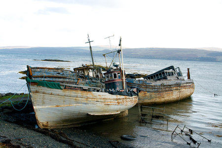  Three wrecked fishing boatsの写真素材