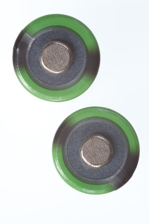 Top view of two rechargeable batteriesの写真素材