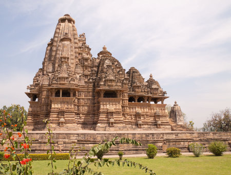 Khajuraho Hindu Temples in India,  built in 10th-12th century by the Chandella dynasty famous for their intricate and delicately sensual carvingの写真素材