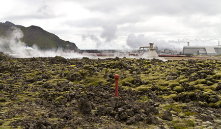 Geothermal powerstion built on a lavafield in Icelandの写真素材